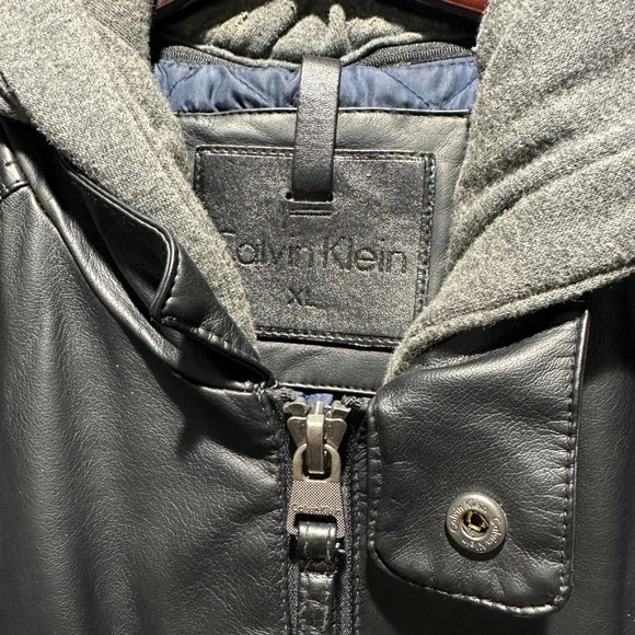 Men's Calvin Klein Black PU Leather Hooded Heavy Thick Motorcycle Style Jacket - Picture 2 of 7